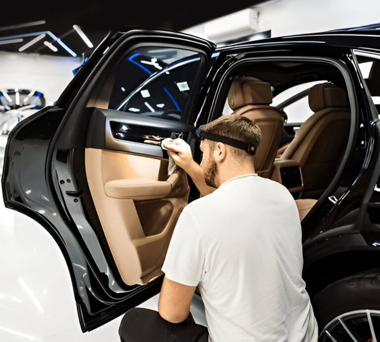 Detailer cleaning a luxury car interior